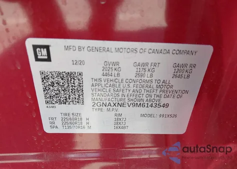 2021 Chevrolet Equinox Premier from USA, damaged, VIN 2GNAXNEV9M6143549